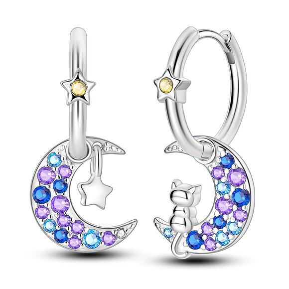 Cat Moon Pendant Hoop Earrings Multi-Colored CZ Stones‎ S925 Sterling Sil… - Picture 1 of 4